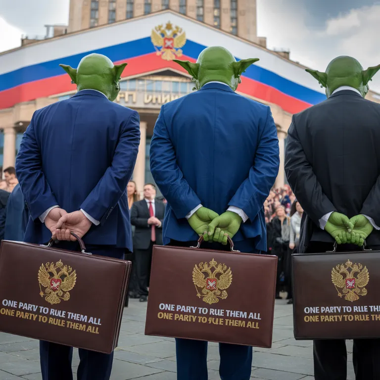 United Russia politicians photoshopped as Orcs in business suits, carrying briefcases emblazoned with the party logo and "One Party to Rule Them All" in Cyrillic, United Russia Mordor