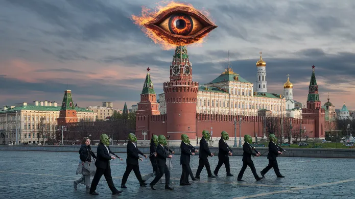 A photoshopped panorama of Moscow, with the Kremlin sporting a massive, fiery Eye of Sauron atop its central tower, while people in suits and Orc masks march in Red Square, United Russia Mordor