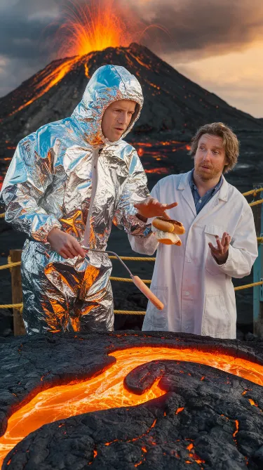 A reporter in a tinfoil suit trying to interview a bewildered volcanologist, while simultaneously attempting to roast a hot dog on a nearby lava flow