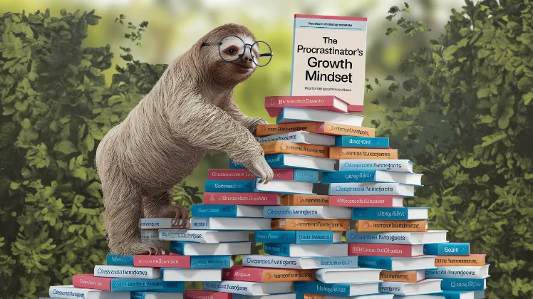 A sloth wearing glasses, slowly climbing a self-help book mountain, with the title "The Procrastinator's Growth Mindset" barely visible through its fur