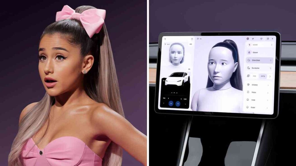 Split-screen showing Ariana Grande's SNL impressions on one side and a Tesla dashboard with an AI Grande making the same faces on the other