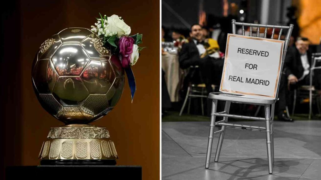 A split-screen photo manipulation: one side showing an elegant Ballon d'Or trophy wearing a corsage, the other showing an empty chair at a prom with "Reserved for Real Madrid" sign tipped over