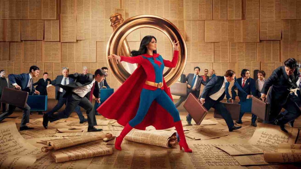 Christiane Amanpour in a superhero costume, wielding a giant decoder ring, surrounded by diplomats running away with briefcases full of jargon.