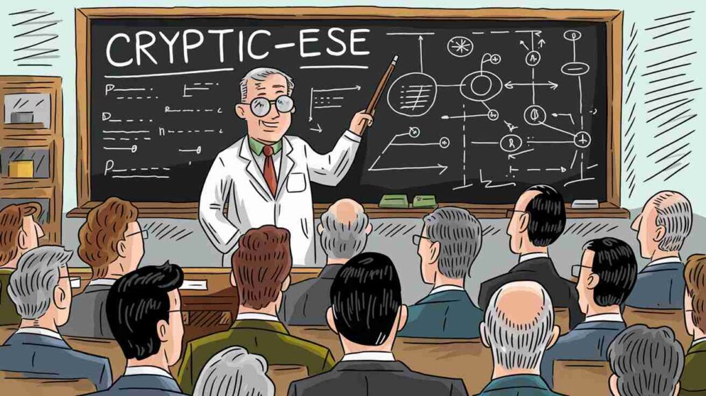 Diplomats attending a "Cryptic-ese" crash course, with a professor pointing at a blackboard filled with indecipherable symbols and squiggles.