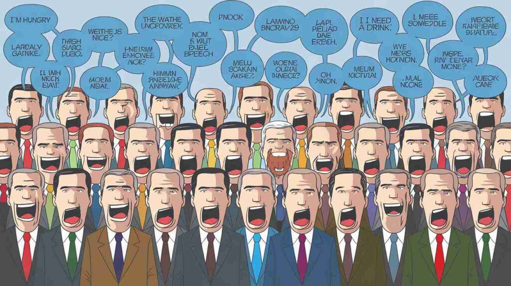 A comic-style panel showing diplomats speaking gibberish, with Amanpour's translation bubbles above their heads revealing hilariously mundane thoughts.