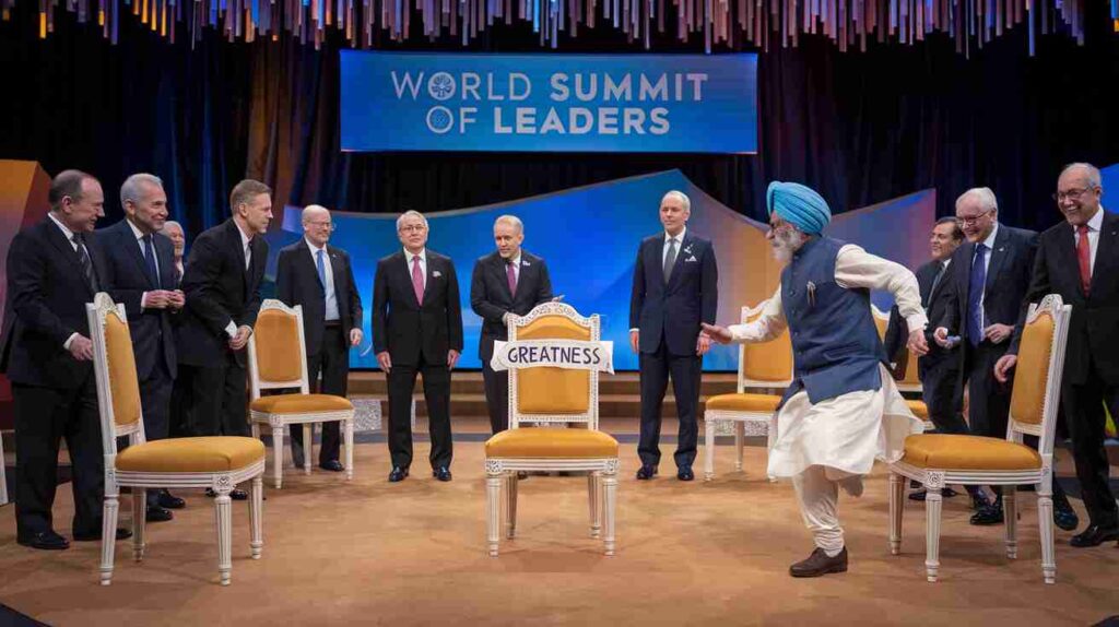 A group of world leaders playing musical chairs with a single chair labeled "Greatness," while India keeps running around the circle