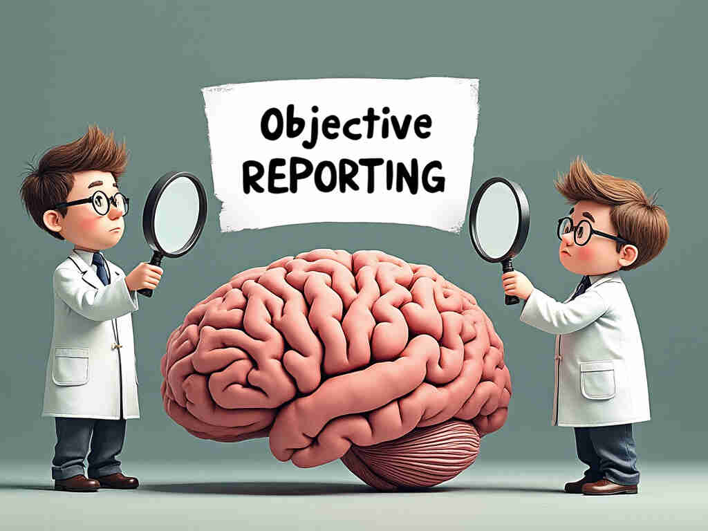 Journalists in lab coats examining a giant brain labeled "Objective Reporting" with comically oversized magnifying glasses