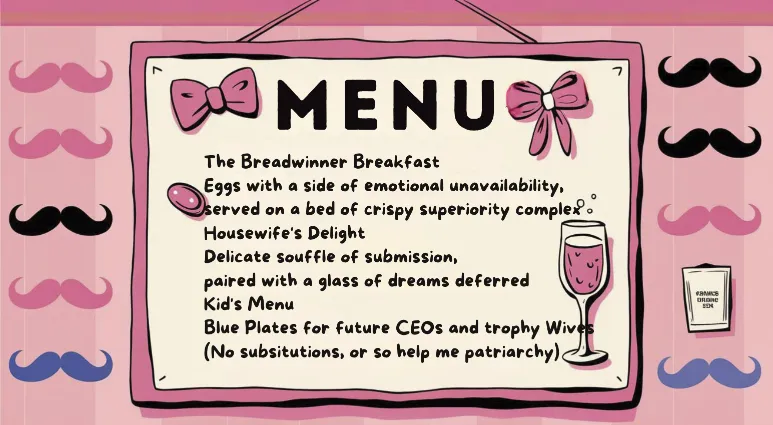 A menu board with the above items, decorated with cartoon mustaches and hair bows, traditional gender roles