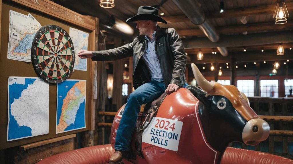 Politician throwing darts at maps on bull