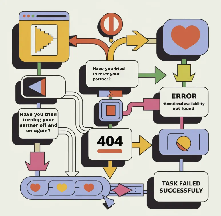 relationship algorithm analysis A complex flowchart showing relationship decisions with options like "Have you tried turning your partner off and on again?" and "Error 404: Emotional Availability Not Found" with a small "Task Failed Successfully" window in the corner