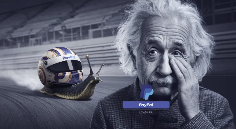 PayPal transfer time A dramatic recreation of Einstein crying over a PayPal loading screen while a snail wearing a PayPal-branded racing helmet zooms past him