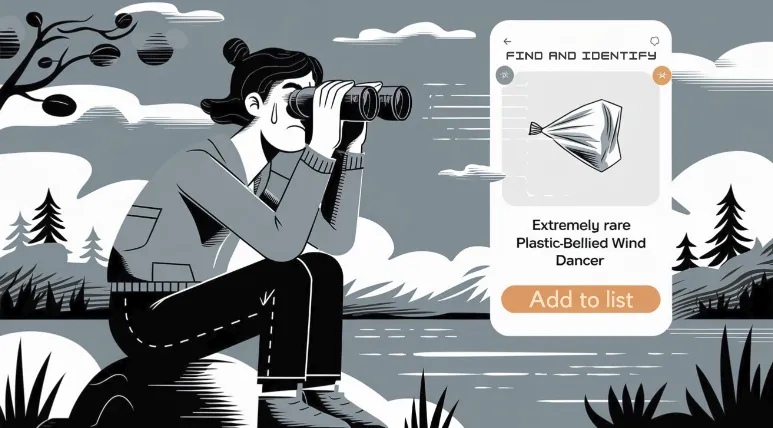 bird identification app ,A hungover ornithologist crying into their binoculars while their bird identification app identifies a plastic bag floating in the wind as "Extremely Rare Plastic-Bellied Wind Dancer