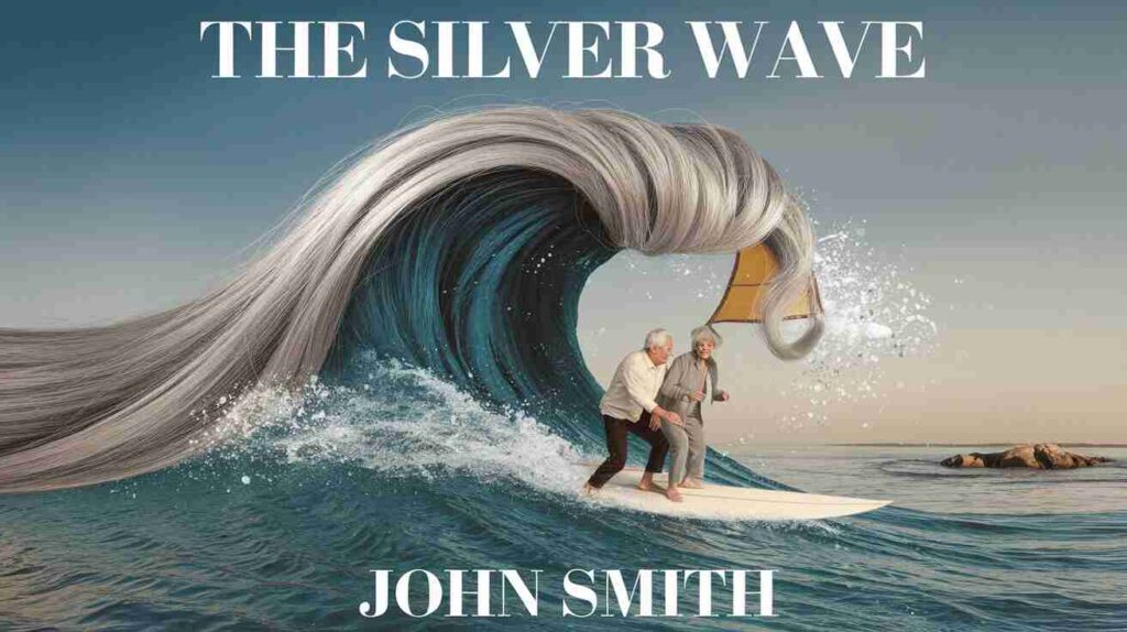 A mock book cover featuring an elderly couple surfing a giant wave made of shimmering gray hair, with the man's combover acting as a sail, Gray Hair Don't Care