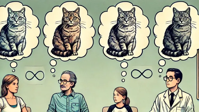 A family seated in a therapy session, with thought bubbles above their heads containing Schrödinger's cat in various states of alive, dead, and both simultaneously