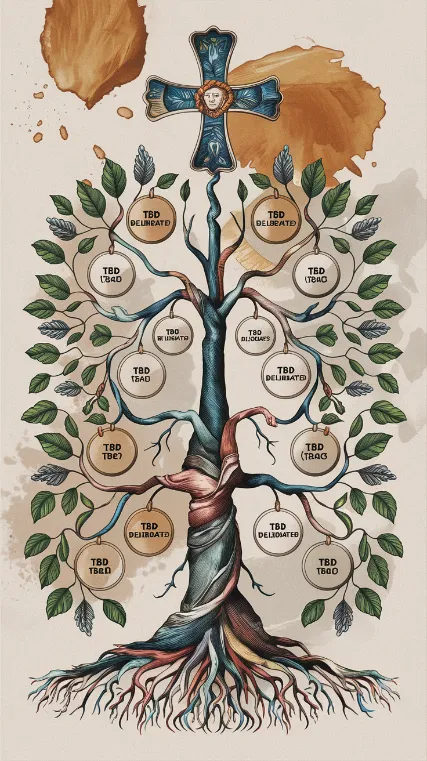 church committee organization A byzantine organizational chart resembling the Tree of Life, but with every branch leading to "TBD (To Be Deliberated)" and decorated with coffee stains arranged in the shape of a cross