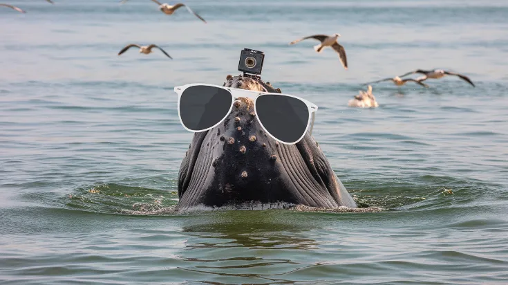 whale social media activism A whale doing a perfect mirror selfie in calm waters, wearing influencer-style sunglasses and holding a "Day in the Life of a Cetacean" vlog camera