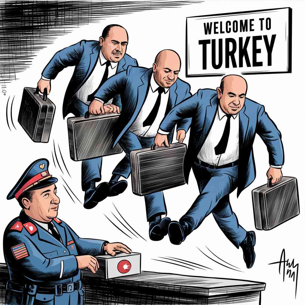 A cartoon of briefcase-wielding Hamas officials playing leapfrog over a bemused Turkish customs officer, with a "Welcome to Turkey" sign in the background