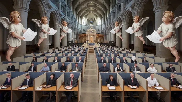 church committee organization A church sanctuary converted into a labyrinth of cubicles, each occupied by a different committee, while cherubs wearing business casual attire distribute memo papers