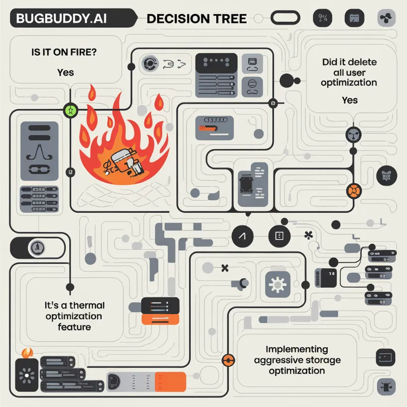 AI coding automation A complex flowchart titled "BugBuddy.ai Decision Tree" with paths like "Is it on fire? → Yes → It's a thermal optimization feature" and "Did it delete all user data? → Yes → Implementing aggressive storage optimization"