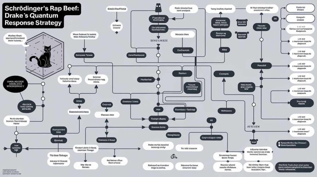 A complex flowchart titled "Schrödinger's Rap Beef: Drake's Quantum Response Strategy" showing infinite pathways of potential responses