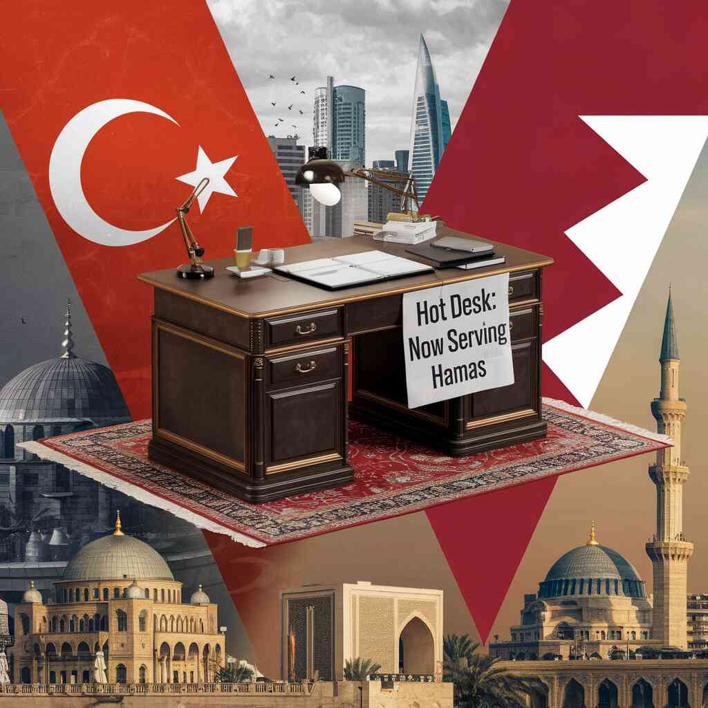 A desk setup precariously balanced on a flying carpet, zooming between Turkish and Qatari landmarks with a "Hot Desk: Now serving Hamas" sign attached