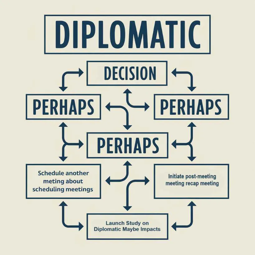 A diplomatic flowchart where every decision box contains "perhaps" but the arrows lead to increasingly absurd outcomes like "Schedule another meeting about scheduling meetings"