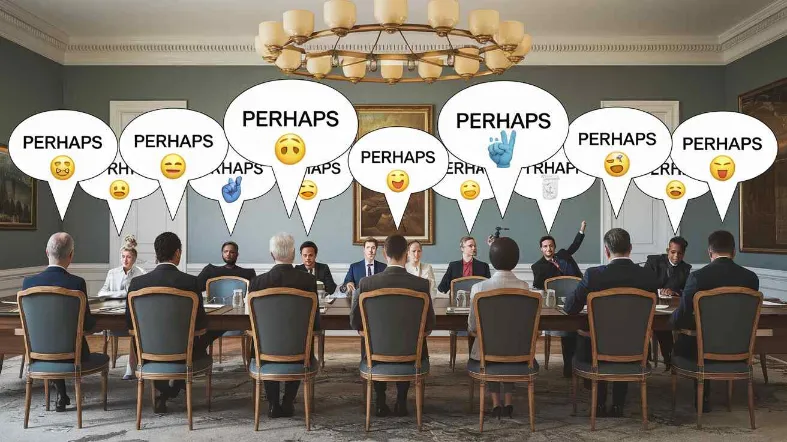 An elegant diplomatic meeting room where every delegate has a giant "PERHAPS" speech bubble, but each bubble contains different emojis and secret hand signals