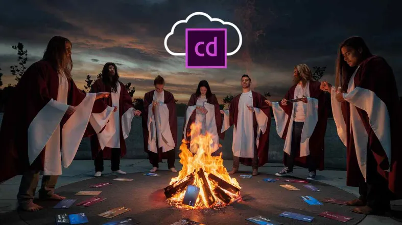 A dramatic photo of graphic designers in ceremonial robes performing a ritualistic dance around a burning credit card, while the Adobe Creative Cloud icon floats menacingly in the sky like an evil moon, Adobe subscription costs