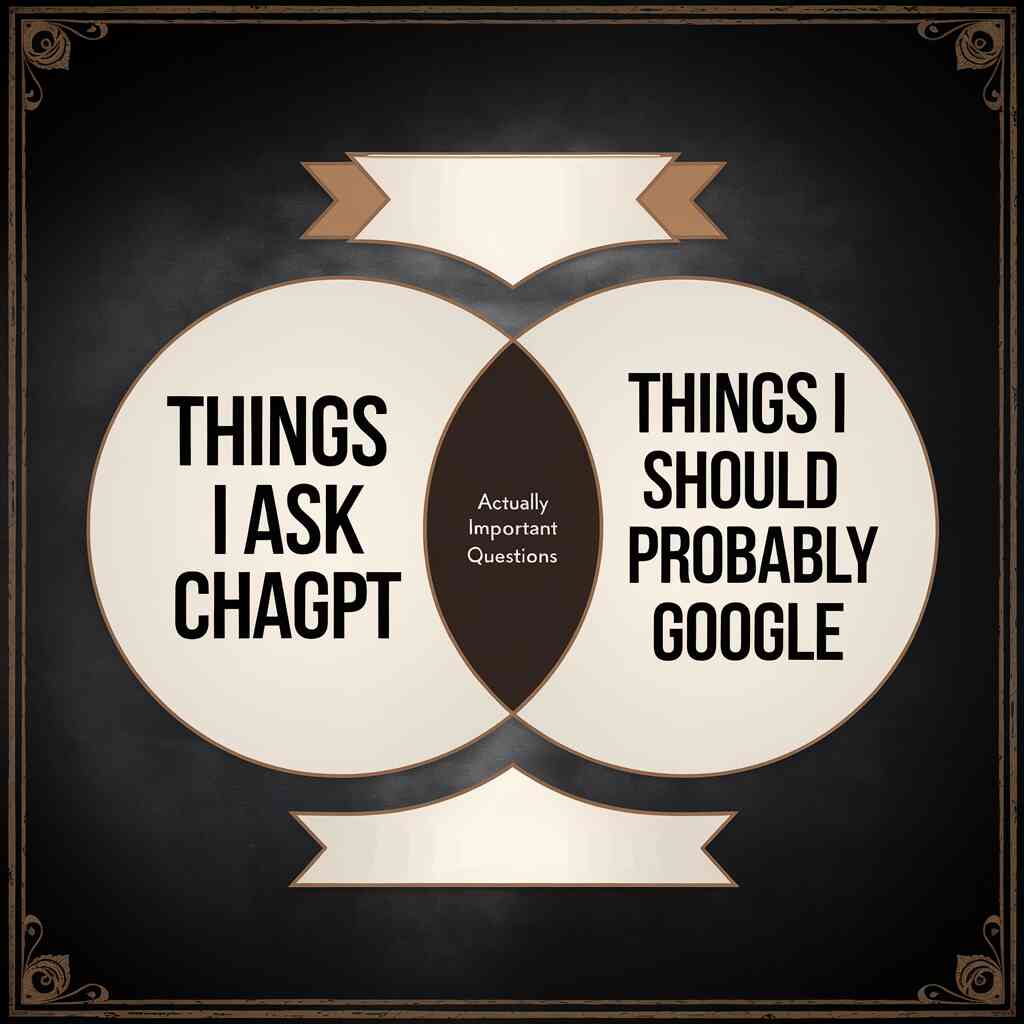 A dramatic Venn diagram showing overlapping circles of "Things I Ask ChatGPT" and "Things I Should Probably Google," with a tiny sliver labeled "Actually Important Questions"