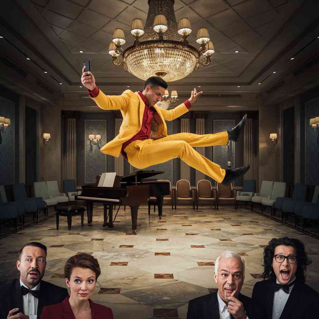 A dramatically lit ballroom where Joey Graziadei performs a gravity-defying leap while simultaneously texting and filing his taxes, as judges experience various stages of emotional collapse