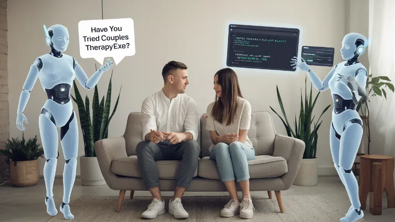 relationship algorithm analysis A couple sitting on opposite ends of a couch while multiple holographic AI counselors argue with each other, one holding a "Have you tried couples therapy.exe?" sign while another frantically debugs a "love.js" file