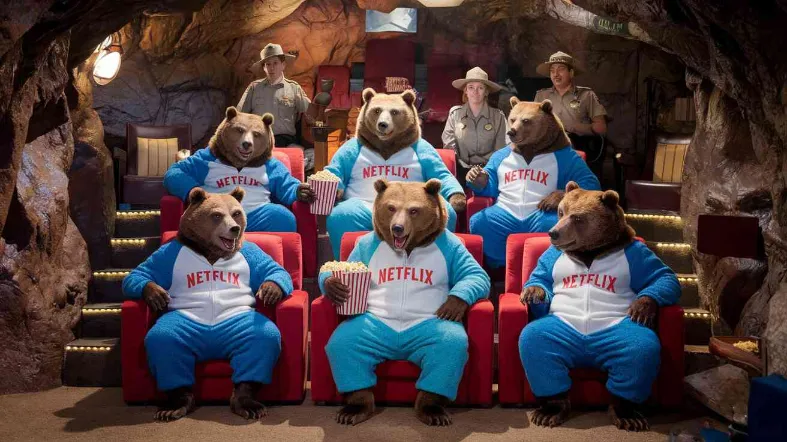 bear streaming habits, A group of bears in a cave home theater setup, wearing matching Netflix-branded onesies, sharing popcorn with confused-looking park rangers