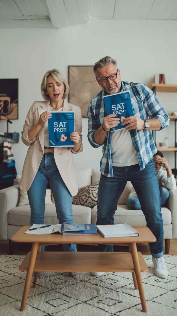 TikTok SAT prep trends, Middle-aged parents attempting to help their teenagers study by awkwardly recreating viral TikTok dances with SAT prep books