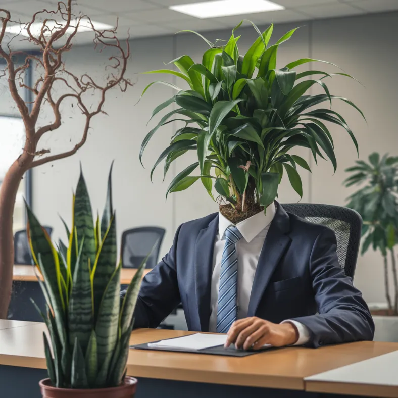 The plant conducting a performance review with a struggling snake plant while a nervous rubber tree takes minutes