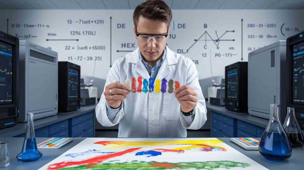 A scientist in a lab coat meticulously studying a child's finger painting while surrounded by supercomputers and quantum physics equations