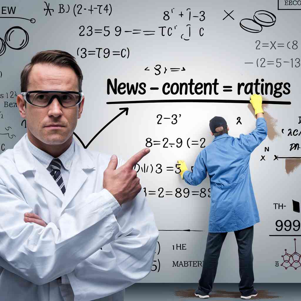 A serious-looking scientist in a lab coat pointing to a whiteboard filled with complex equations, where "News - Content = Ratings" is prominently displayed, while a janitor in the background is erasing even that equation