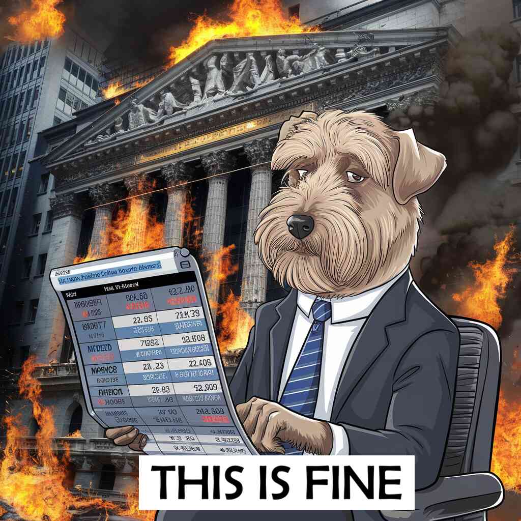 A meme-worthy illustration of the famous "This is Fine" dog in a business suit, checking stock prices while the NYSE burns around him