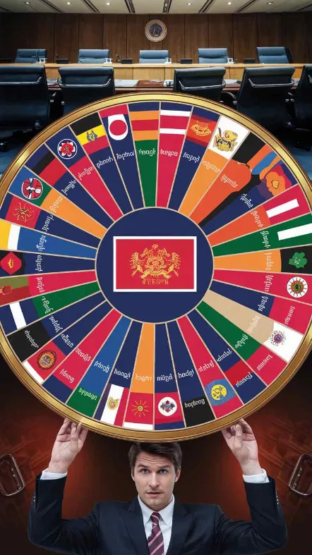 A Mission Impossible-style decoder wheel where every ASEAN phrase translates to "perhaps" but with increasingly dramatic facial expressions]