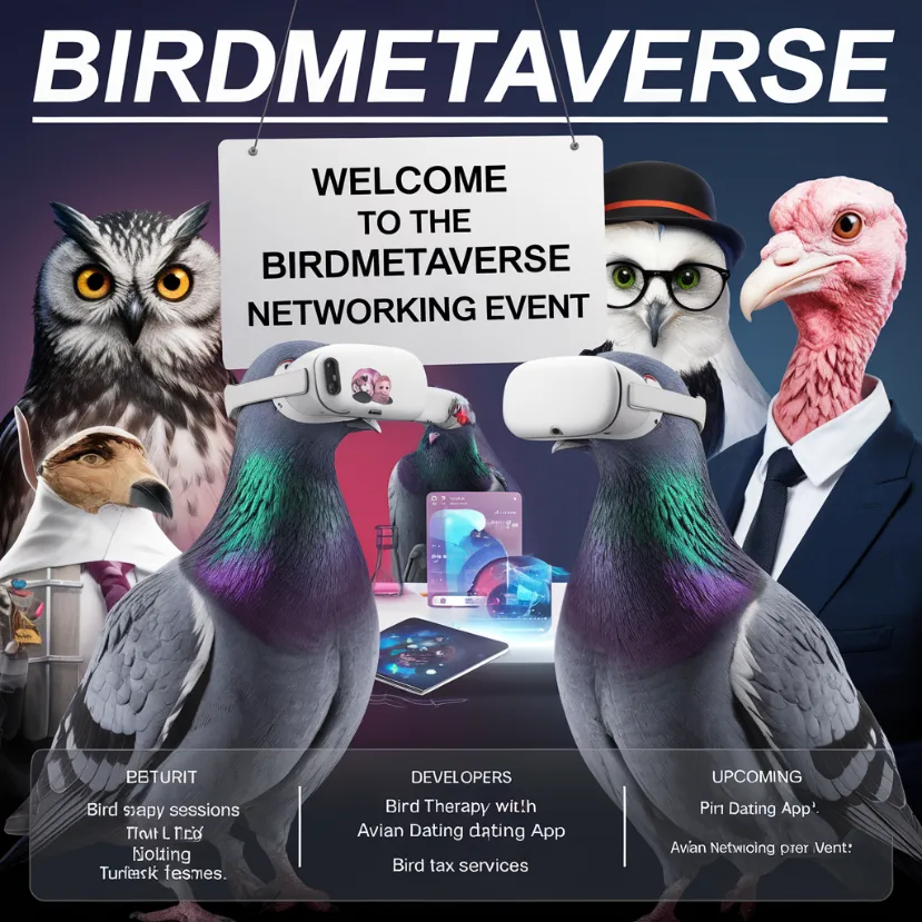Mockup of "BirdMetaverse" showing pigeons in virtual reality headsets attending digital networking events
