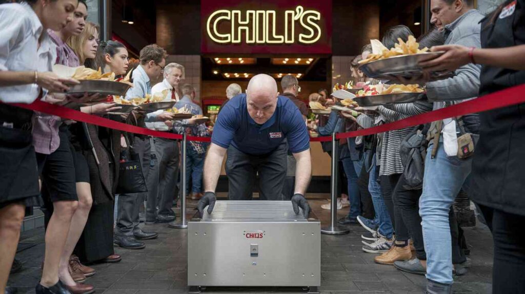 A man installing a metal detector at the entrance to the restaurant Chili's while confused servers attempt to deliver endless chips and salsa