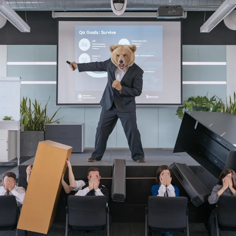 conservation meeting efficiency A bear aggressively pointing at a PowerPoint slide titled "Q4 Goals: Survive" while employees nod enthusiastically from behind overturned furniture