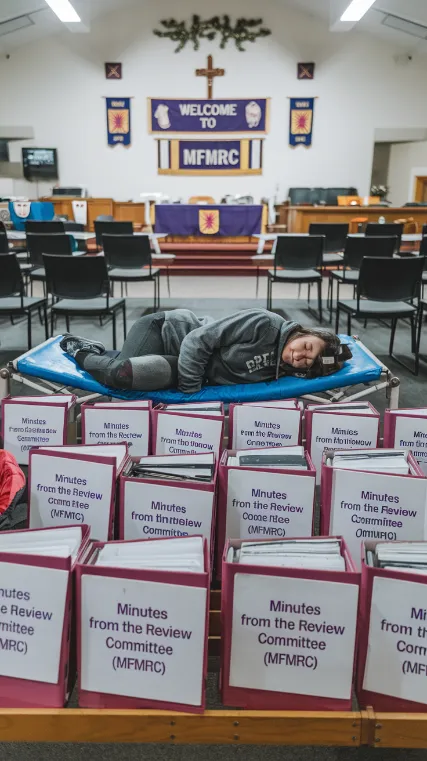 church committee organization A church member sleeping on a cot in the fellowship hall, surrounded by binders labeled "Minutes from the Minutes Review Committee (MFMRC)"