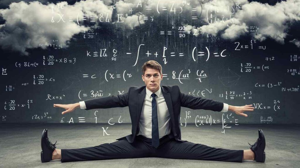 TikTok SAT prep trends, A College Board executive in a suit attempting to do a split while equations rain down in AR filter style