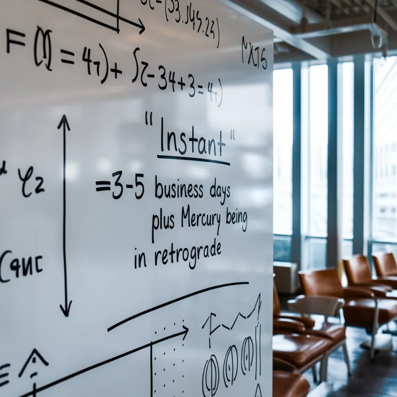 PayPal transfer time A complex whiteboard showing mathematical equations where "instant" equals "3-5 business days plus Mercury being in retrograde"