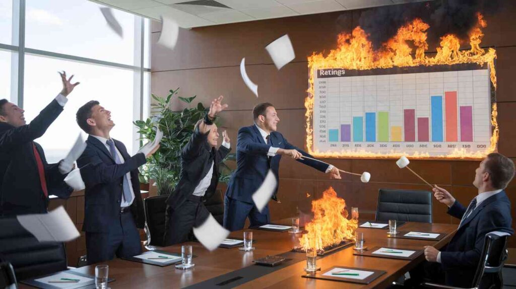 A polished corporate boardroom where executives in suits are frantically throwing papers in the air while staring at a ratings chart that's literally on fire, with one executive trying to roast marshmallows over the flames