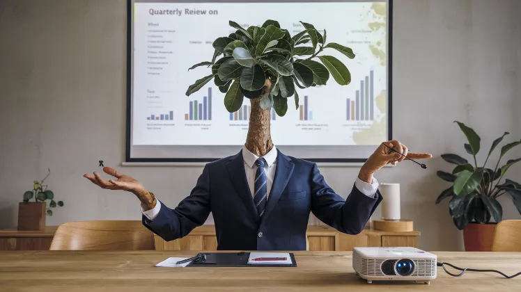 A ficus tree in a power suit leading a quarterly review meeting, complete with a tiny laser pointer extension on one leaf and a coffee-stained presentation deck visible on the projector