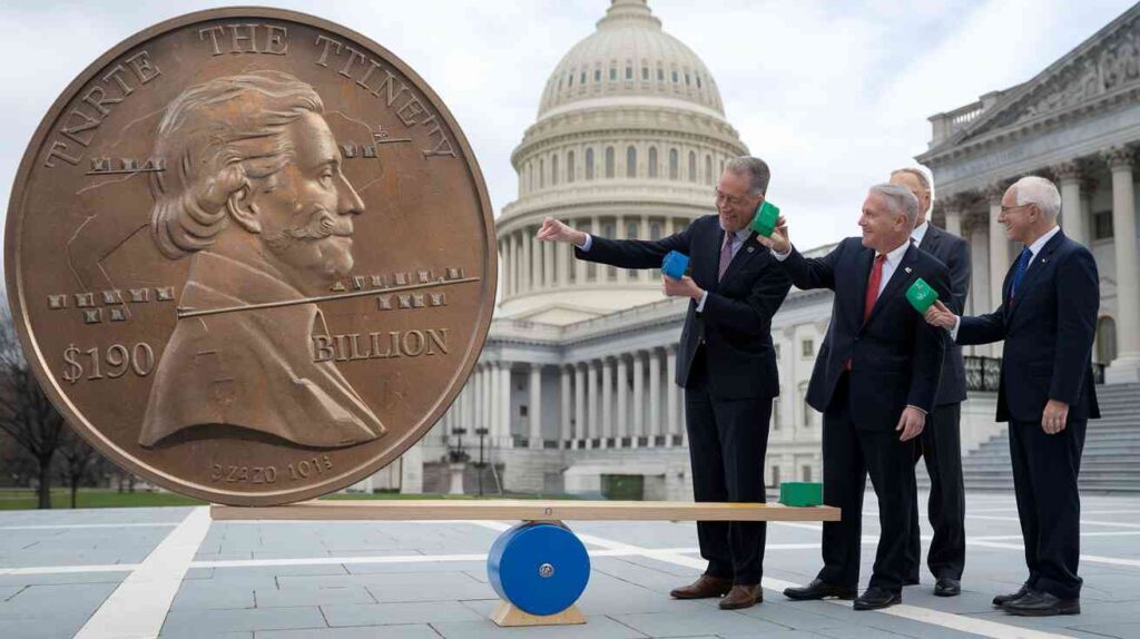 A giant penny labeled "$190 billion" weighing down one side of Capitol Hill while politicians try to balance it with tiny weights