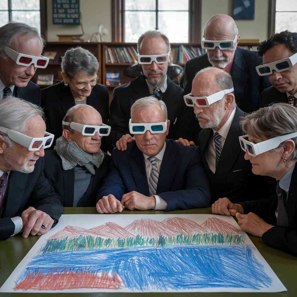 A panel of distinguished professors studying a crayon drawing while wearing 3D glasses