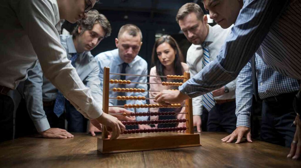 A group of office workers huddled around an ancient abacus, trying to remember how to count