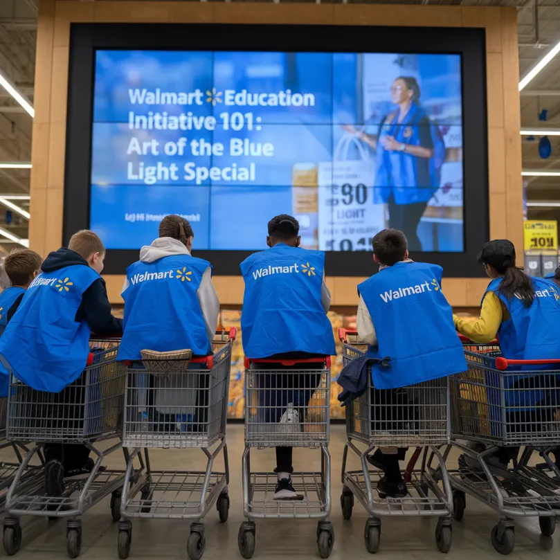A group of students in blue Walmart vests sitting on upturned shopping carts, attentively watching a lecture being given on a large TV display normally used for advertising. The screen shows "Walmart Education Initiative 101: The Art of the Blue Light Special"